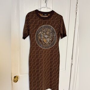 Fendi Brown Black Sheath Midi Dress